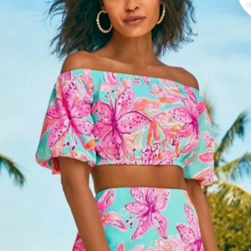 NWT Lilly Pulitzer Esmeray TOP ONLY, Puff Sleeve Surf Blue Bonita Blooms Sz L